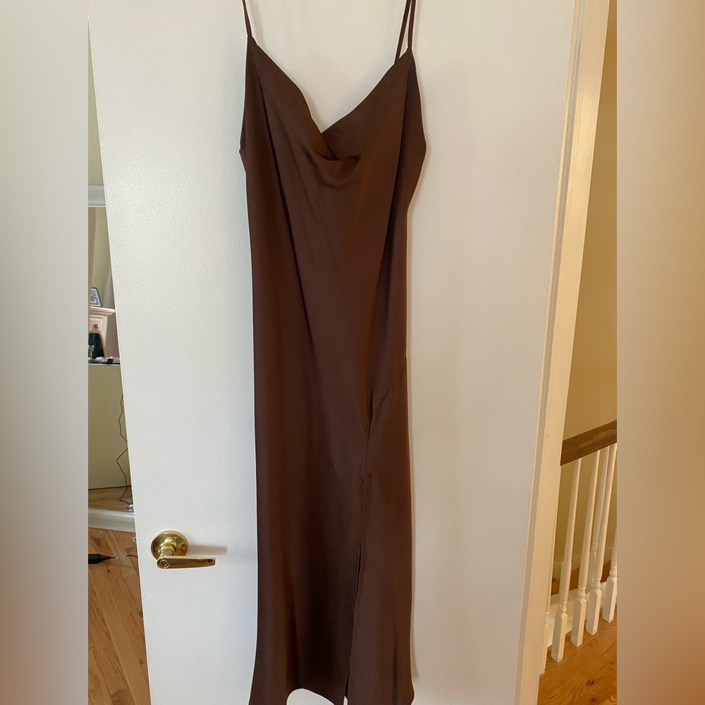 PAPER HEART Chocolate Brown Maxi Slip Dress with Side Slit SIZE XS